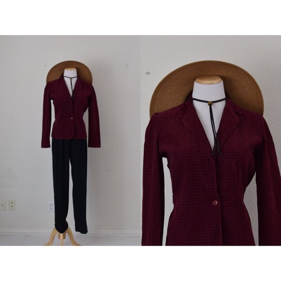 80s Vintage Burgundy Plaid‎ Fitted Poly/Cotton Corduroy Jacket - Picture 1 of 10